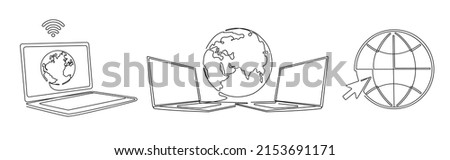 World with connected computers. One line laptop with worldwide intertet, globe access computers and globe connection concept vector Illustration set. Global networking service, arrow browsing