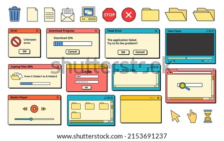 Nostalgic 90s Ui. Retro error messages, old computer icons and app windows vector set. User interface with vintage aesthetic icons, error, download progress, video player, coping files templates