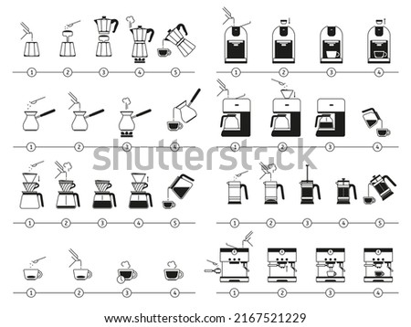 Coffee brewing instructions. Making drink steps manual, espresso cooking guideline and coffee pot using vector illustration set. Coffee espresso brew, beverage at breakfast