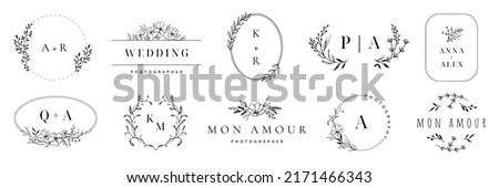 Wedding logo. Elegant monogram, hand drawn marriage invitations with wreath borders vector set. Illustration of wedding monogram logo with flower frame