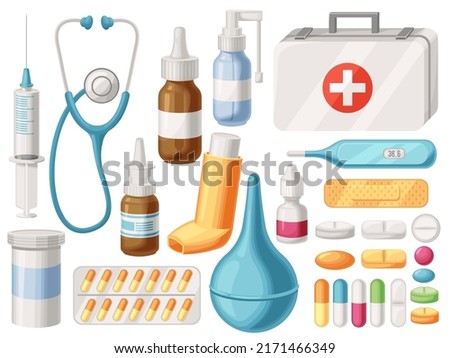 Cartoon medical supplies. First aid kit, inhaler, syringe and pharmacy drugs. Medical tools vector illustration set. Medical aid healthcare