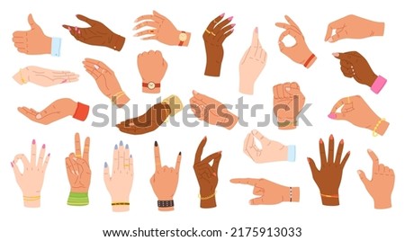 Hand gestures. Human hands hold, point and grip. Multiethnic hands with accessories on wrists vector Illustration set. Female and male characters wearing rings, bracelet and watch using body language