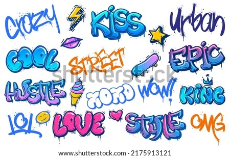 Street art lettering. Crazy urban graffiti, streets culture spray inscription and cool teenage wall scribble vector set. Modern colorful typography, skateboard and ice cream with dripping paint