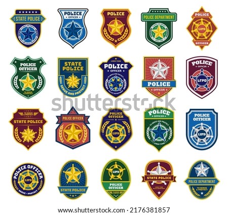 Police badges. Security officer and federal department signs, state policeman badge with star symbols vector set. Emergency service patches for detectives, cops and rangers, protection from crime