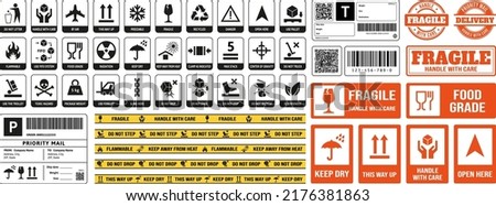 Packaging stickers. Parcel direction info, fragile warning sticker and print for adhesive tape with packaging symbols vector set. Badges for cardboards shipping logistics, product labeling