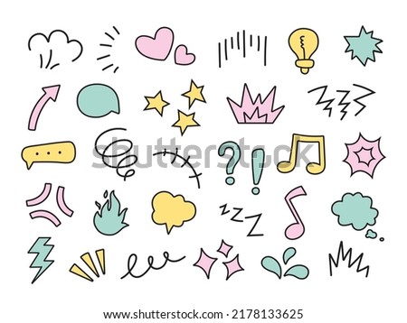 Doodle expression elements. Cartoon character emotion symbols, cute chibi expression masks hand drawn scribing doodle vector set. Line art collection with hearts, stars and music notes