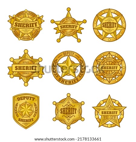 Sheriff badges. Police department emblem, golden badge with star of official representative of law. Symbols vector set. Crime prevention and investigation service signs with shields