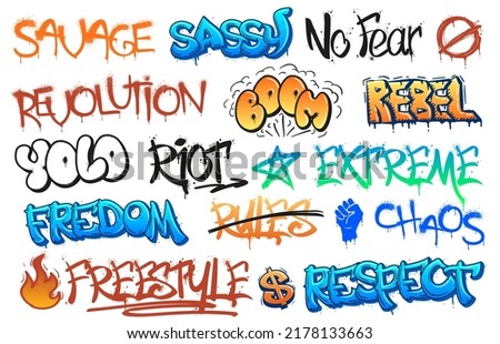 Rebellious graffiti lettering. Riot street art scribbles, freedom and revolution tags. Urban freestyle wall taging vector set. Underground culture cartoon writing isolated on white Photo stock © 