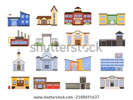 Municipal city buildings. Government building, police and fire station. City bank, town theater and school vector set. Governmental, commercial snd religious centers in town isolated on white