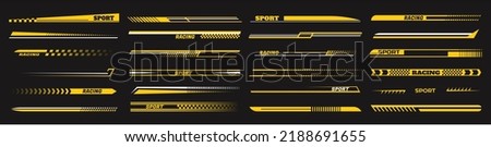 Sport car decal stripes. Speed lines, racing tuning strips and car sticker vector set. Yellow vehicle marking elements for transport modifying isolated on black. Automobile identity Stockfoto © 