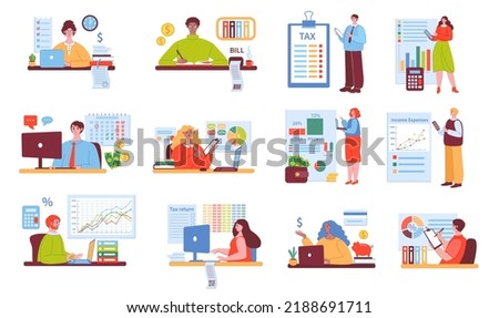 Accountant character. Calculates taxes and fills out tax forms, keeps records of money received and paid vector illustrations set. Employees analyzing graphs and charts, counting bills