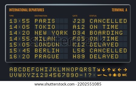 Led airport board. Departure table, information screen and airline terminal digital font vector set of airport departure table information