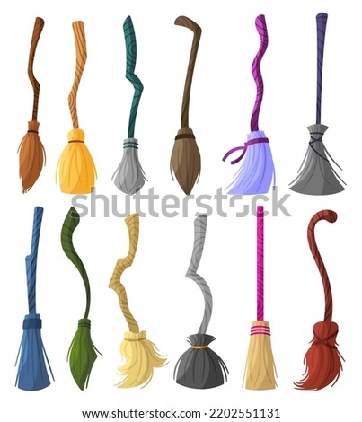 Witch brooms. Magic halloween broomstick, wizard broom and old wooden clean tool for housework cartoon vector set of magic broom illustration