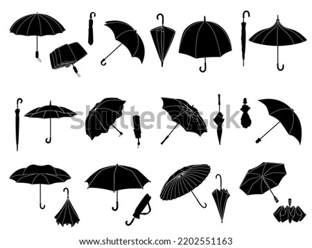 Stencil umbrellas. Folded parasol, open umbrella for rainy weather or sunshade. Different shape accessories black silhouette vector icon set of parasol weather accessory