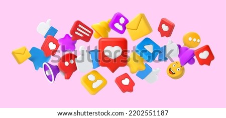Social media 3d concept. Thumbs up, heart like and smile emoji. Favourites star, comment and notification bell icons vector illustration of 3d media social