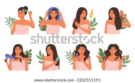 Hair care. Girl applying beauty caring products, blow dry hair and hairstyle styling vector illustration set of woman beauty care hair