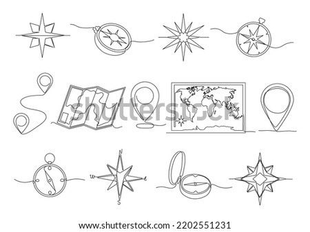 One line location. Hand drawn travel compass, journey route map and pin icon. Geography and tourism vector illustration set of journey direction continuous and linear