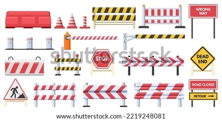 Closed road blocks. Striped red obstacles, wrong way stop and dead end signs. Road works barriers and protection fence vector set of barrier road obstacle, traffic construction illustration
