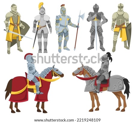 Cartoon knights. Cavalry knight in battle armor, medieval warriors holding sword, shield and halberd. Royal soldier vector illustration set of armor warrior isolated, knight of illustration