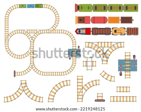 Top view railways. Tracks construction with toy trains above. Circle and line rails with trains above, railway barrier aerial view vector set of road railway, toy railroad illustration