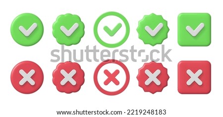 Checkmark 3d icons. Checklist green tick and red cross. Accepted and decline, true or false and verified sign vector set of checklist mark 3d illustration