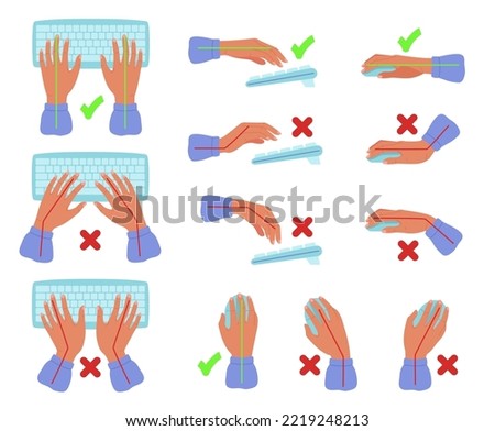 Keyboard and mouse hands posture. Correct and incorrect hand position for text typyng, wrist and arm positions for computer users vector illustration set of correct mouse work at computer