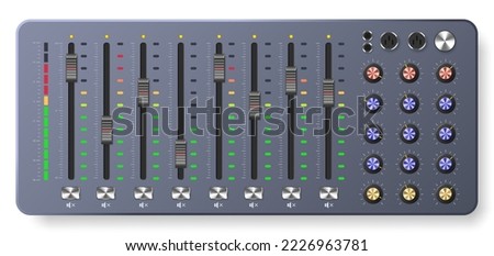Audio mixer board. Multitrack mixing controller, sound level sliders panel with controllers and knobs vector illustration. Volume adjustment, professional equipment with audio regulators