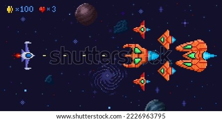 Space battle arcade game level. Pixel art galactic battle, defender spaceship and pixelated ufo enemies vector Illustration. Outer space with planets and shooting spacecraft for computer videogame
