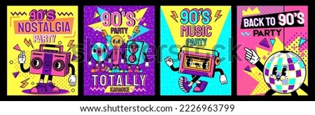 Retro party poster. Back to 90s, nostalgia music and karaoke flyer design with cartoon characters vector set. Smiling disco ball, microphone, cassette and boombox brochure design for event