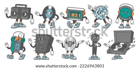 Retro music characters. Disco ball mascot, vinyl record, 80s cassette and CD. Turntable, tape and compact disk players. Analogue audio vector set. Funny smiling loudspeaker, microphone