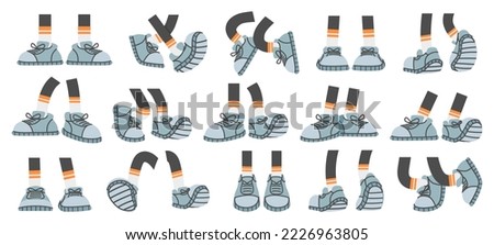Cartoon foots with sneakers. Comic legs with shoes in walk, stand and jump poses. Stick feet with footwear, limbs for character design vector set. Male person trainers back, front and side views