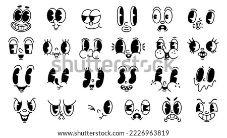 Retro 1930s cartoon faces. Old funny mascot facial expressions, mouths and eyes with different emotions for characters vector set. Emoji with different feelings as angry, happy and sad