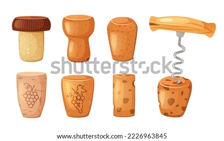 Cartoon wine corks. Different types bungs for bottles, champagne cork with corkscrew isolated vector illustration set. Spin spiral tool for alcoholic drinks, beverage made of grape