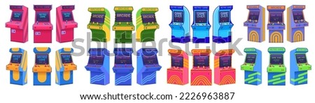 Arcade machines. Retro gaming cabinet, old game machine from different angles. Insert coin, game over and play again screens vector set. Equipment for playing with display and joystick