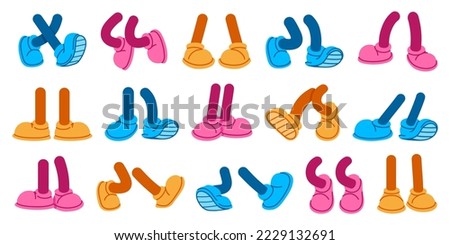 Cartoon legs. Standing and walking foots, comic leg pairs with shoes for mascot character design vector set. Colorful boots in different positions, making steps and jumping, doing movements