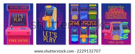 Retro gaming posters. Arcade game event invitation flyer, lets play poster with old gaming machines vector set. Electronic equipment for entertainment, electronic display with buttons and joystick