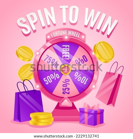 Spin to win banner. Lucky promotions with gift prize and sale discount, fortune spinning wheel game vector illustration. Rotating roulette, lottery game with gift boxes and shopping bags