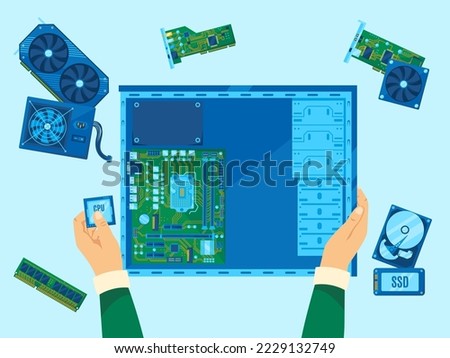 Computer assembly. Pc building, hardware repair or CPU upgrade. Personal computer components installation to case vector illustration. Hand holding microchip, fixing gaming equipment