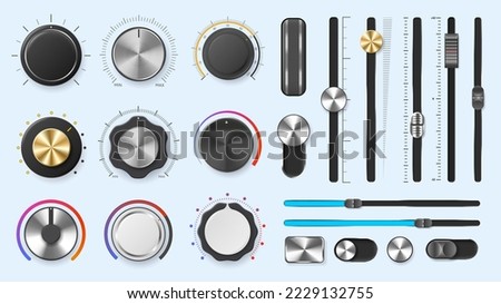 Audio mixer dials. Volume adjustment levels metal knobs and slider regulators, round and line amplify controllers vector set. Music or sound control bar, electronic technology buttons