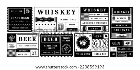 Minimal alcohol drink label template. Geometric sticker layout for craft beer, whiskey and gin bottles. Retro labels with hops and berry vector set. Private brewery distillery for handcrafted products