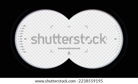 Binoculars view. Spy POV, optical binocular aim sight and telescope zoom frame. Tourist point of view overlay vector template of military spy optical glass vision illustration