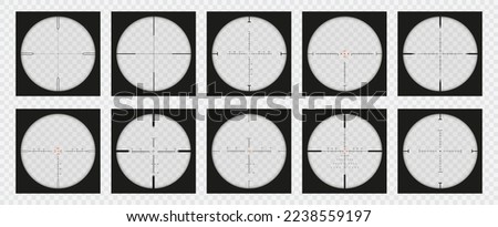 Optical sight view. Sniper scope POV overlay, measurement crosshair and look through zoom lens vector set of sniper view aim isolated illustration