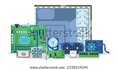 PC components. Computer case with electronic hardware parts. Build or upgrade personal computer vector illustration of computer pc and device technology