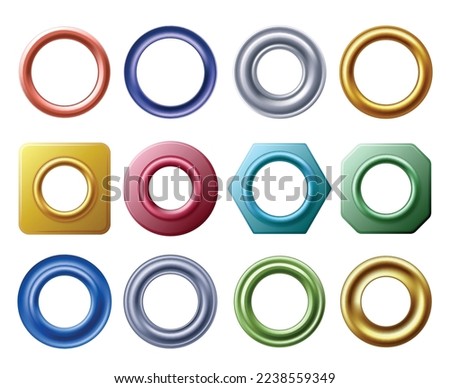 Grommet rings. Metal and golden eyelets for label holes, round hole metallic grommets and curtain eyelet vector set of round ring metal design illustration