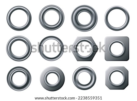 Metal eyelets. Curtain eyelet ring, round grommet and circular fastener with hole isolated vector set of ring grommet illustration