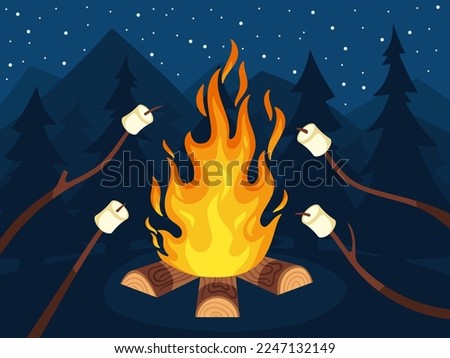Bonfire with marshmallow. Scout camping food, marshmallows on stick on fire and friends travel campfire night cartoon vector illustration. Outdoor leisure activity, campground under starry sky