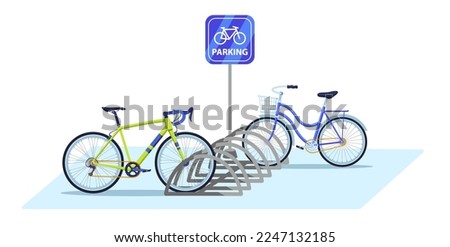 Bicycle parking area. Public bike rack with parking sign and parked bicycles. Ecologic city transport vector illustration. Street town zone for transport, cartoon eco vehicle station