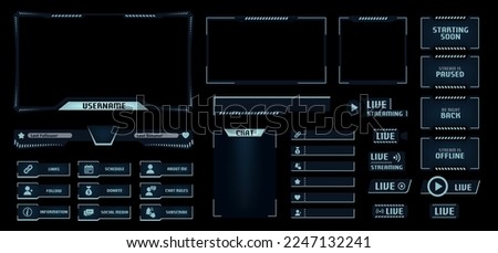 Night mode stream overlay. Dark theme gaming video template with game screen, live chat and webcam frames. Panels buttons and donation bar vector set. Username and chat borders, online broadcasting