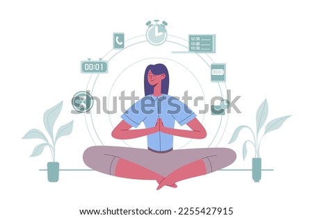 Meditation lotus position woman work and rest balance. Female employee practicing yoga. Office worker calming down, time management concept, planing tasks for day. Mental health vector illustration