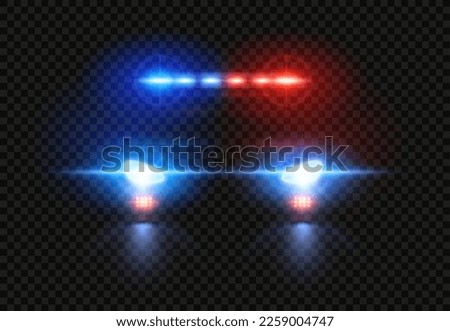 Police car headlights. Emergency flashing light, pursuit light siren and patrol cop vehicle glow vector overlay. Security transport with shining bright headlamps in darkness, enforcement